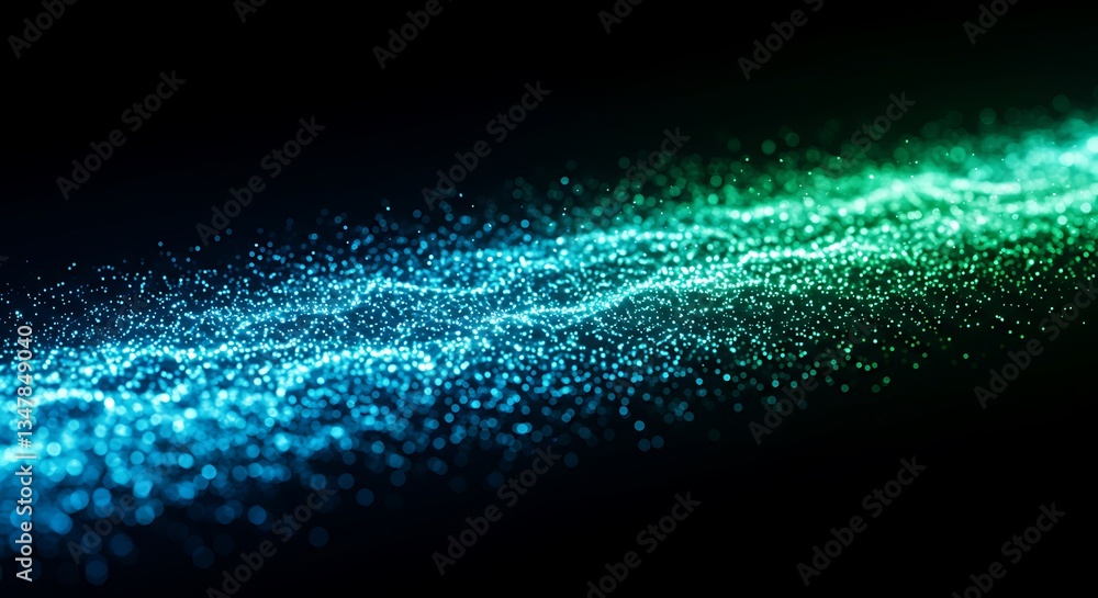 Aufkleber glowing particles stream flowing blue to green gradient abstract dark backdrop bokeh