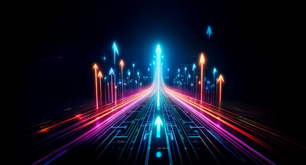 Vibrant arrows illuminate a dark path, surging upwards in a dynamic display of forward momentum and technological advancement.