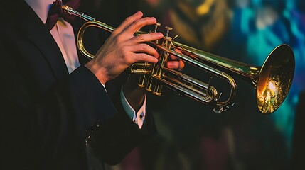 Fototapeta premium Musician plays trumpet instrument at a concert