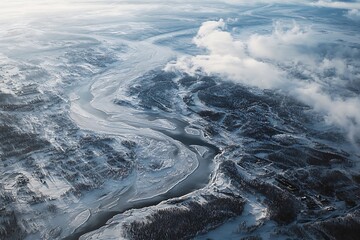 realistics iced river delta holds a striking charm defined by frozen streams detailed frost and a calm vibe mirroring arctic&rsquo;s peace and shift  
