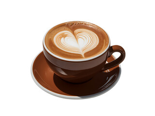A close up shot of a brown coffee cup with a heart shaped latte art on a white background studio shot