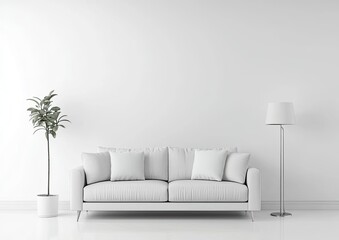 White living room interior mockup with sofa, plant, and lamp
