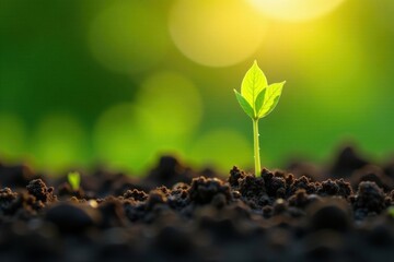 Tiny green shoots bursting from earthy soil under sunlit canopy, greenery, plants