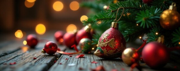 Tree ornaments scattered around a Christmas tree, Seasonal, Colorful