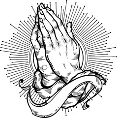 vector illustration of hands praying to god. jesus hand drawing. coloring page ideal for prints, stickers and wallpaper