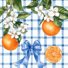 A seamless pattern of oranges and blue gingham, with an orange blossom in the center