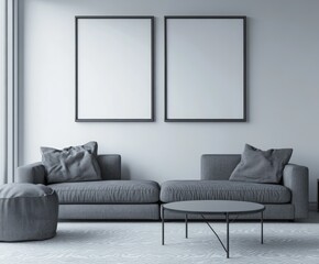 Modern living room with blank frames, interior design mock-up