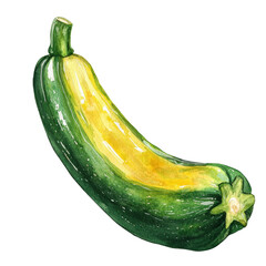 Whole zucchini watercolor painting, single vegetable, green and yellow color, fresh, healthy, organic, vegetarian food, hand drawn, isolated, close up, artwork