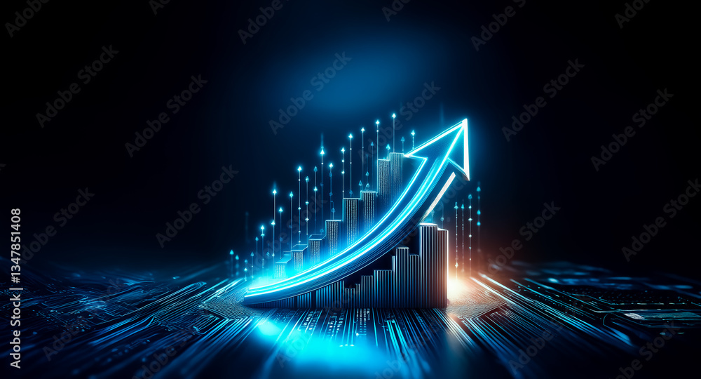 Poster glowing blue arrow ascends dynamically over bar graph shapes on a dark backdrop suggesting growth an