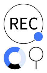 Bold black text REC inside a circle with a blue dot, split-ring chart in gradient shades, and magnifying glass symbol. Ideal for recording, analytics, exploration, progress, focus, technology media
