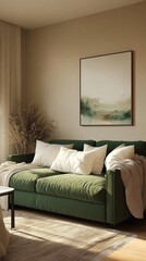 Fototapeta premium Modern living room sofa, neutral colors, abstract art, sunlight streaming in