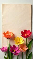 Obraz premium Vibrant spring flowers placed against a neutral-colored paper in a stylized and artistic arrangement, botanical images, floral composition
