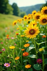 Obraz premium Vibrant wildflowers in full bloom amidst lush green grasses and tall sunflowers , summer, bloom