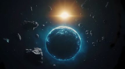 Obraz premium Glowing blue planet surrounded by floating asteroids
