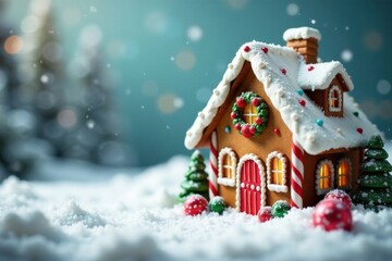 Vintage-style gingerbread house on a snowy background, gingerbread, festive