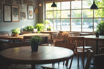 Fototapeta premium Sunlight Streams into Cafe, Illuminating Wooden Tables and Chairs, Plants Adorn the Space, Creating a Relaxing Atmosphere.