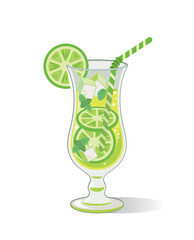 Vector illustration  of mojito cocktail in a Hurricane glasson white  background isolated