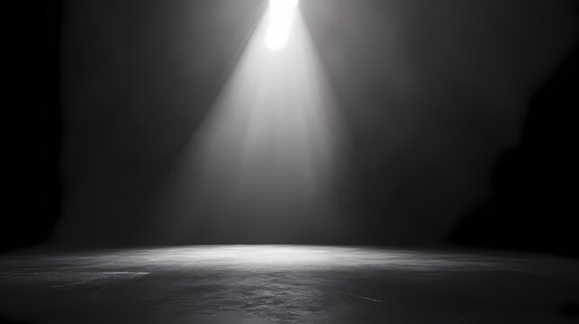 Dimly lit stage with single spotlight shining down on empty floor, solitude, void. Lustrous Void. Illustration