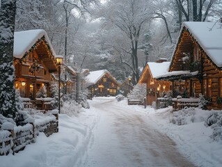 Fototapeta premium Snowy village street with cozy, warmly lit log cabins.