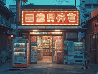 Japanese convenience store with vending machines and bicycles.