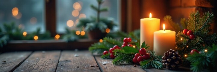 Warmly lit Christmas scene with evergreen branches, holly, mistletoe, candles, and pinecones in a cozy winter setting, Christmas Scene, Pinecones