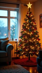 Warmly glowing Christmas tree with colorful ornaments and twinkling lights in a cozy living room setting, twinkling lights, holiday season