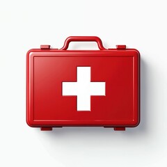 Fototapeta premium Top view red first aid kit on white background. Medical emergency, accident treatment, healthcare concept. Case with cross symbol contains pills, drugs, medicine, bandage for injuries. Safe