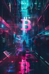 A glowing Bitcoin symbol floats amidst a vibrant, high-tech cityscape with neon lights and digital elements, representing cryptocurrency, technology, and a futuristic urban setting.