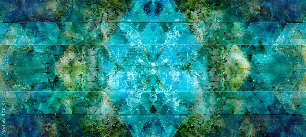 Poster background with tessellation of equilateral triangles in energetic turquoise and lime colors – empty