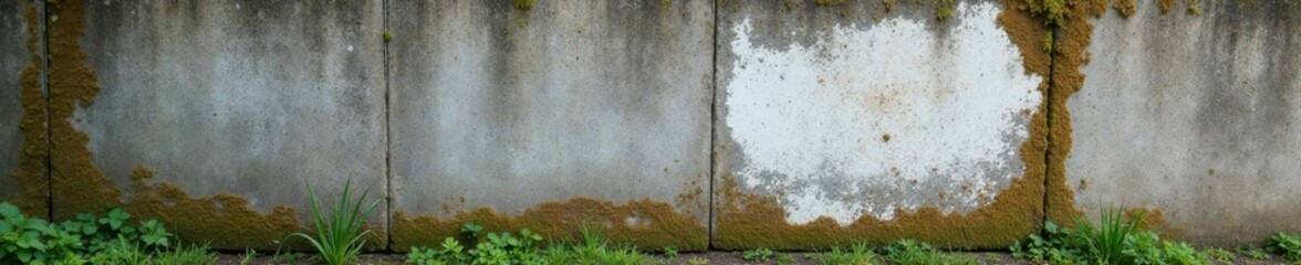 Weathered concrete wall with moss and lichen growth, stone, outdoors