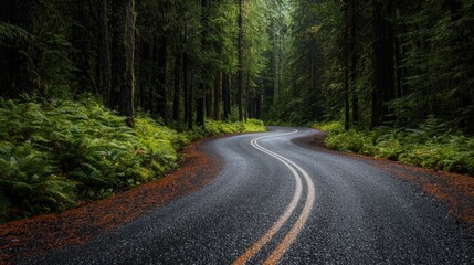 Obraz premium Winding Forest Road Lush Green Trees Asphalt Path Nature Drive