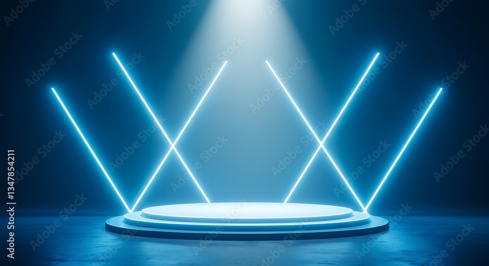 Poster neon stage illuminated platform in dark studio geometric lines 3d render