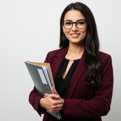 Professional woman in burgundy blazer holding folders confident smile corporate portrait isolated on white background