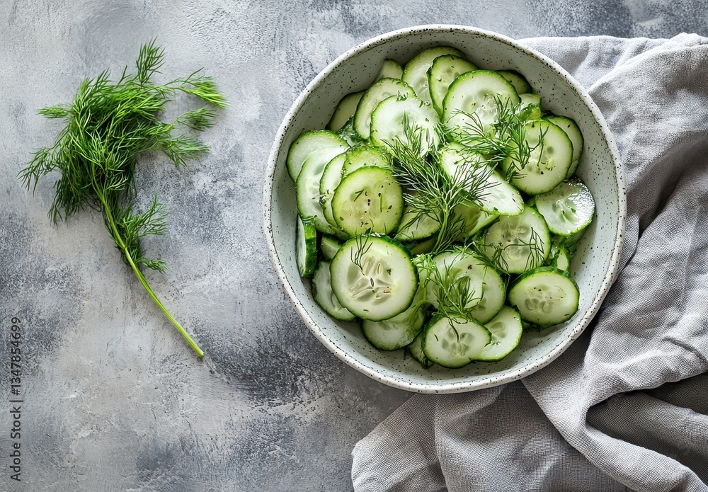 Poster fresh cucumber salad with dill garnish in rustic bowl on textured surface with natural lighting