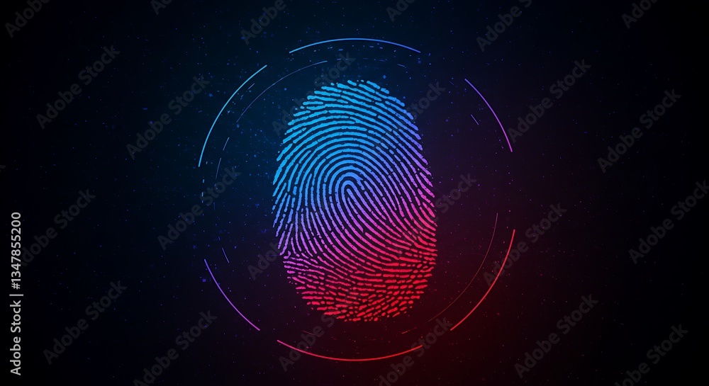 Poster glowing biometric fingerprint scan on dark digital background neon style cyber security authenticati