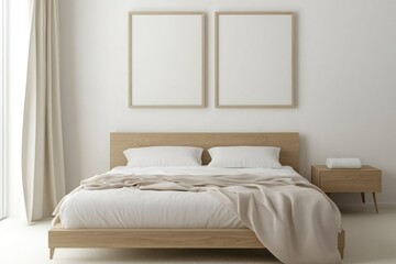 A bedroom interior features a minimalist design and neutral colors