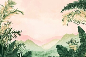 Tropical rainforest, vector illustration, watercolor, pastel colors, background, copy space for text