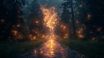 Illuminated Path Through Forest During Electrical Storm, Nature's Power Displayed in a Dramatic Landscape View.
