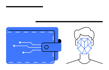 Electronic wallet icon with circuit-thumbs up patterns and biometric face scan outline. Ideal for finance, digital payments, cybersecurity, biometrics, technology, authentication, passwordless