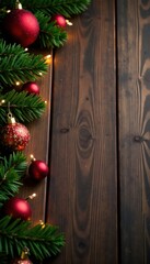 Wooden background with Christmas lights and ornaments, Wreath, Faux Snow