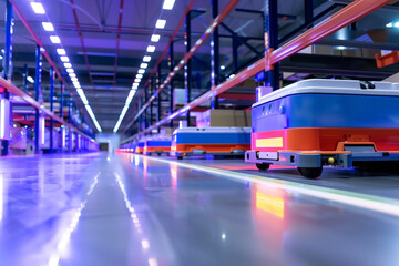 Scene of autonomous robotic vehicles efficiently organizing parcels in a high-tech logistics warehouse with vibrant lighting.