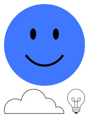 Large, cheerful blue happy face above outlined cloud and light bulb. Ideal for optimism, inspiration, creativity, ideas, imagination, problem-solving, innovation and flat simple metaphor