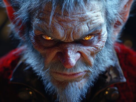 Intense stare of a fantastical, aged creature with sharp features and fiery eyes