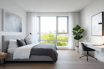 A modern bedroom is shown with light wood floors and city views