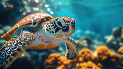 Obraz premium Vibrant Sea Turtle Swimming in Colorful Coral Reef: Underwater Marine Life Photography
