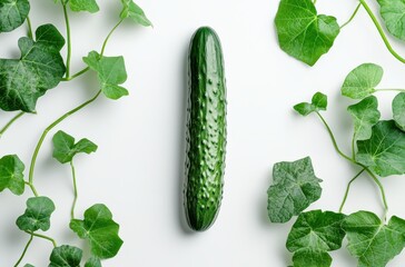 Fresh cucumber surrounded by vibrant green ivy leaves on a light background showcasing organic produce and natural aesthetics for culinary arts