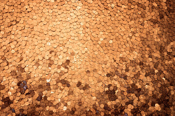 Top-down view of many scattered pennies creating a textured copper background.
