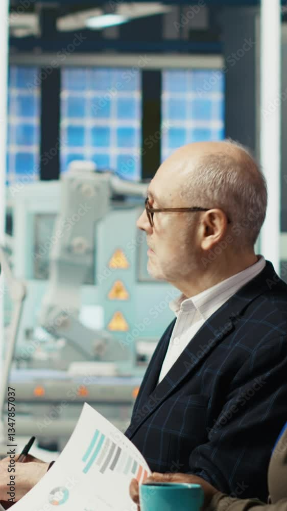 Aufkleber vertical video scientists in photovoltaics factory experimenting with advanced pv materials to impro