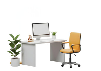 A stylized depiction of a home office features a desk with a computer