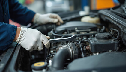Fototapeta premium Auto mechanic hands using wrench to repair auto engine. Car maintenance, service at garage. Technician inspects vehicle for problems. Auto repair, fixing, check, services, insurance, checkup concept.